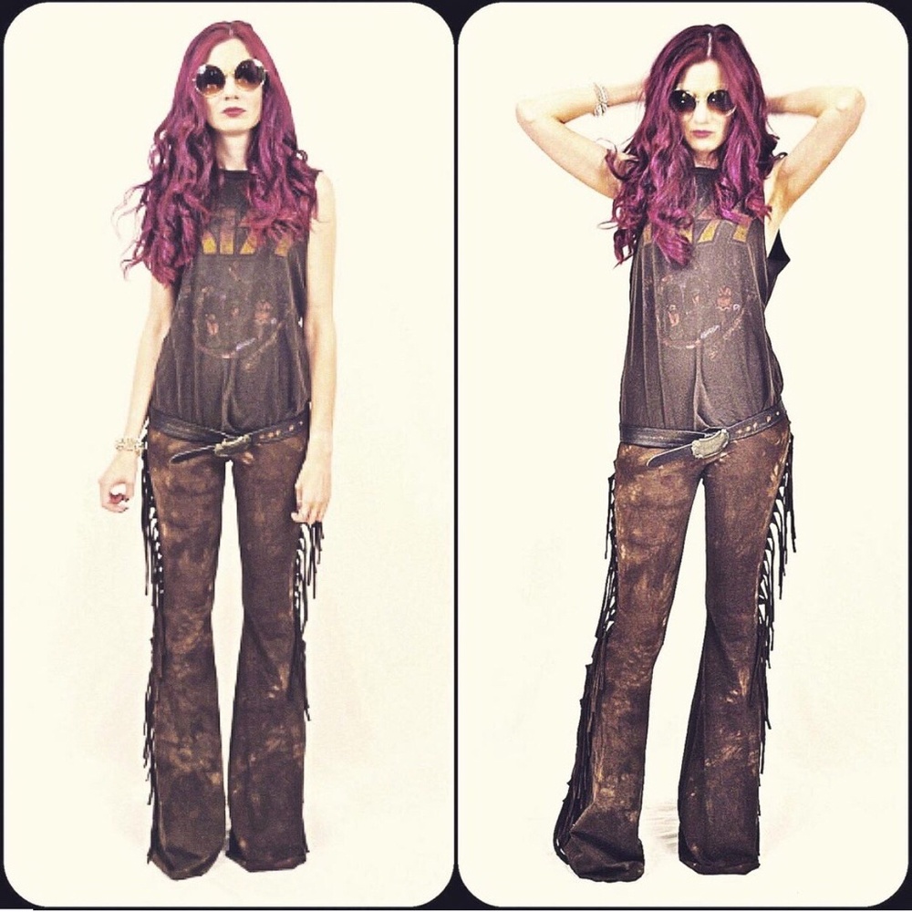 REGULAR LENGTH High Waisted Fringe Bell Bottoms in BROWN TIE DYE Boho Festival - Picture 4 of 8